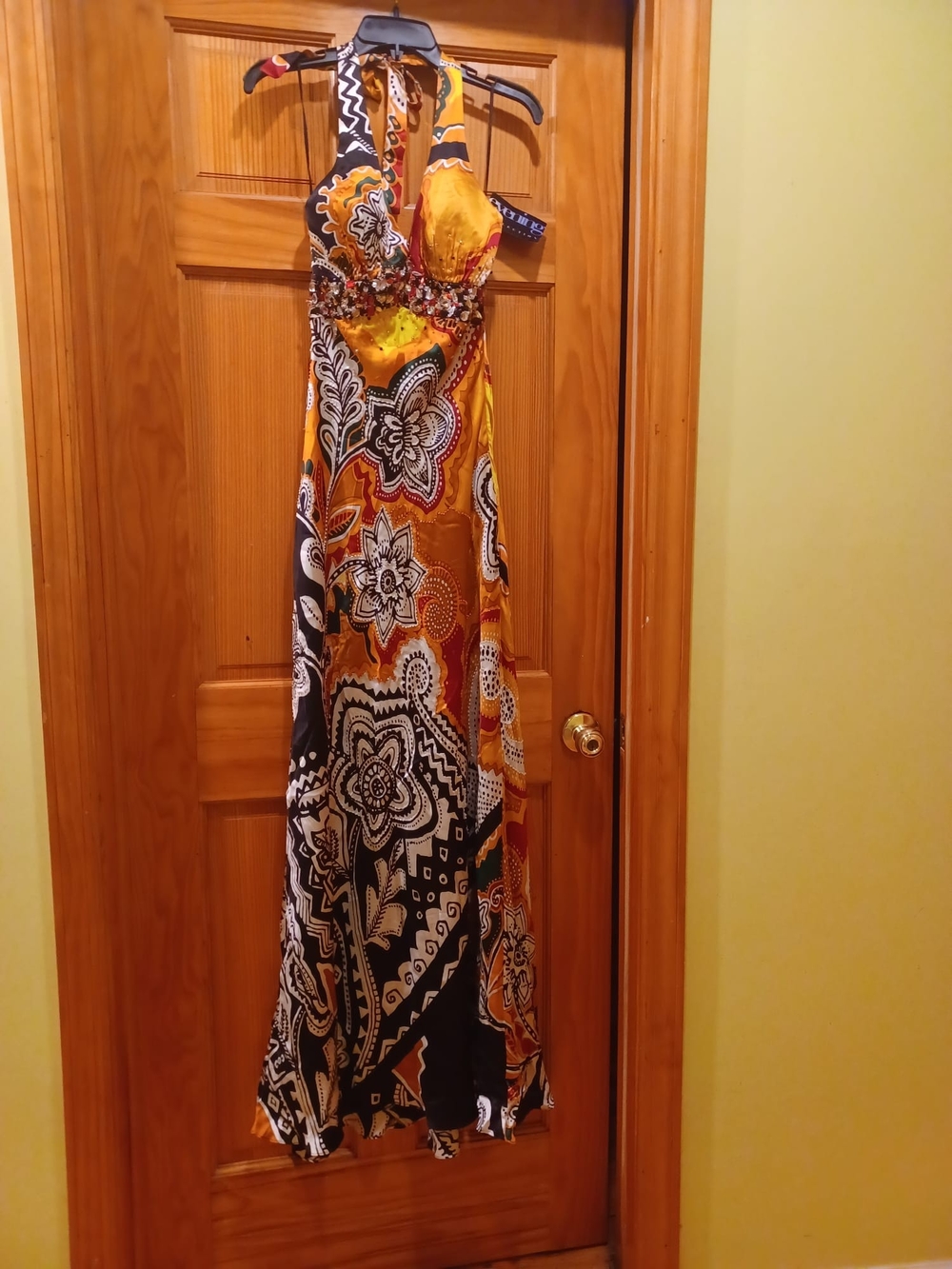 Mary L Couture Yellow and Black Floral Halter Maxi Dress